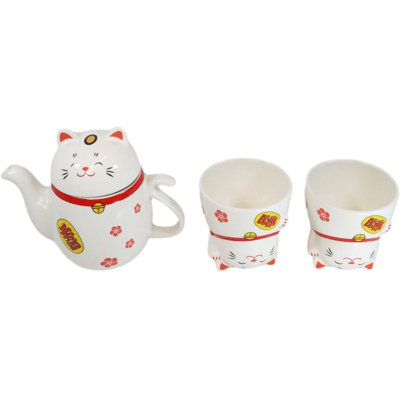 Ensemble de théière en céramique et 2 tasses à thé japonais Maneki Neko