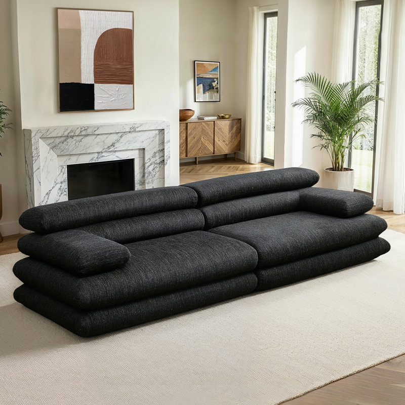 118" Upholstered Linen-Blend Chenille The Serenity Curved Sofa , Black