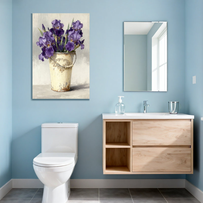 Plantes et fleurs, iris mauves dans un vase seau rustique, H 48 po x l 32 po