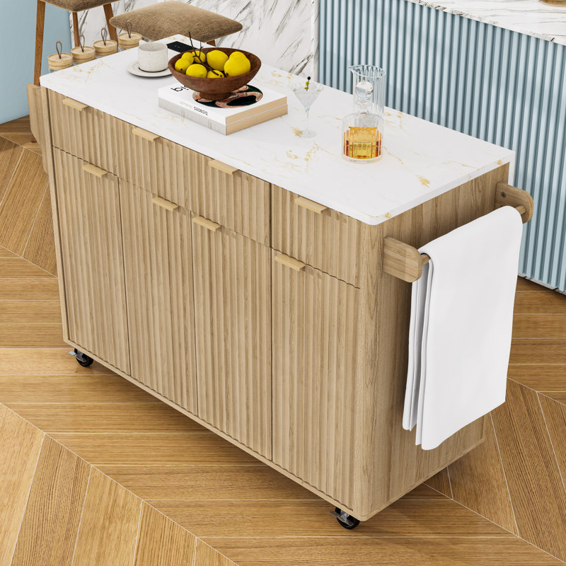 Rolling Fluted Kitchen Island with Drop-Leaf Table, Power Outlet, 3 Drawers and 3 Cabinets, Natural/White