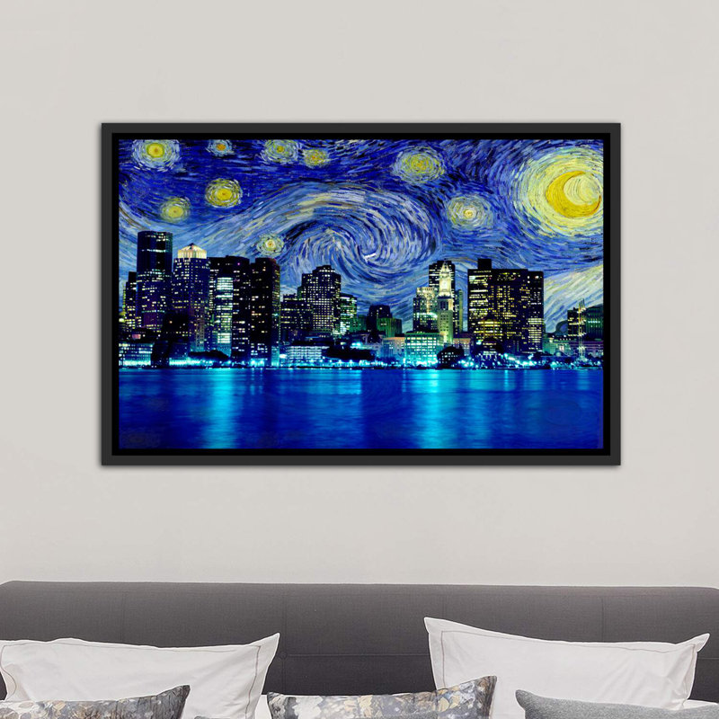 Boston, Massachusetts, nuit étoilée, impression d'art graphique, Toile encadrée noir délavé, H 26 po x l 40 po x 1,5 po