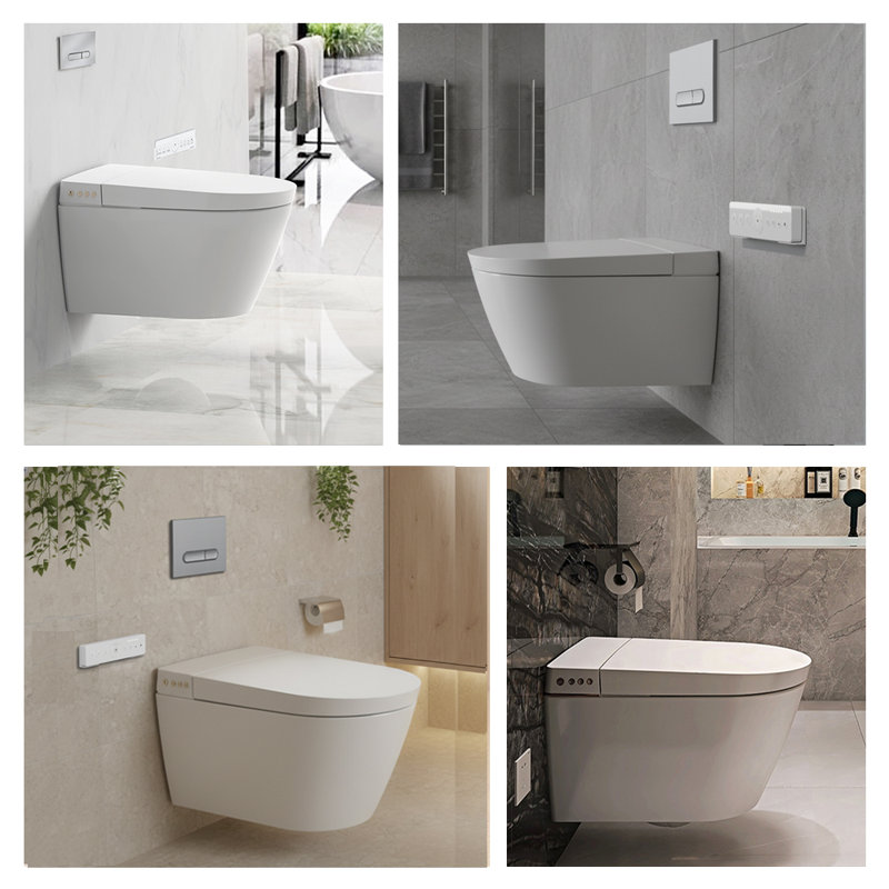 Toilette murale avec bidet, avec système de réservoir encastré, eau chaude chaude, siège chauffant, séchoir à air chaud, double chasse automatique, télécommande, ensemble de toilette à bidet allongé mural