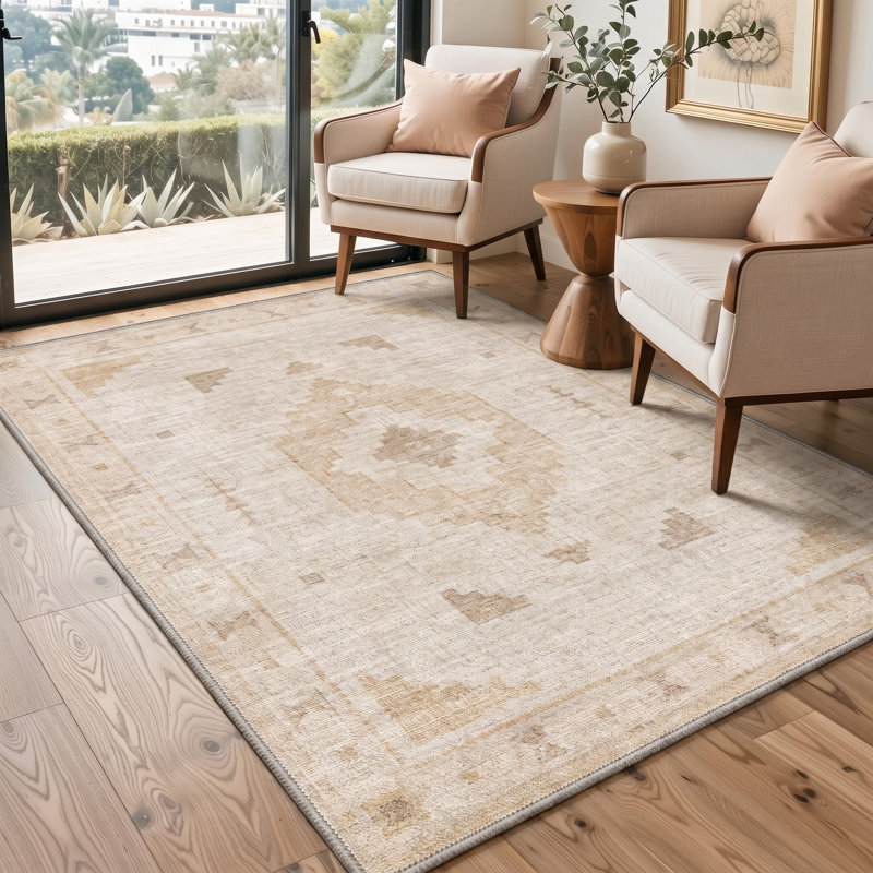 Tapis de porte géométrique beige/ivoire moderne, performant, à poils courts, lavable et antidérapant, Rectangle 3' x 5'
