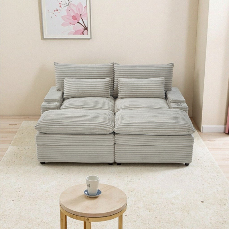 Canapé modulaire 2 places avec repose-pieds, accoudoirs de chargement et de rangement USB, revêtement en velours côtelé, Gris