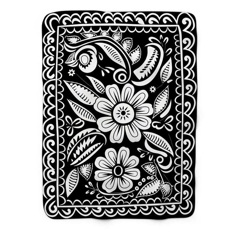 Floral mexicain à encre - Couverture Sherpa de qualité supérieure 1 pièce, Grand lit