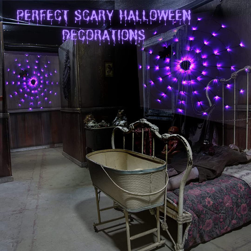 Toile d'araignée d'Halloween 4 pi diamètre 70 DEL avec araignée noire, Mauve