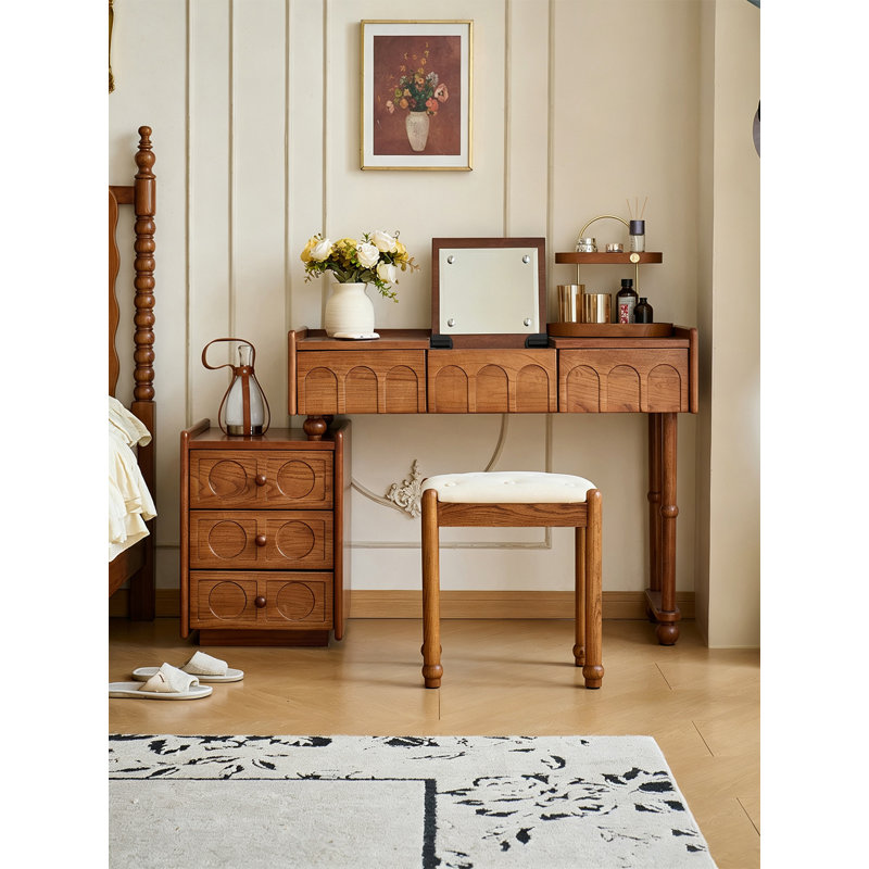 Ensemble de coiffeuse vintage en bois avec miroir rabattable