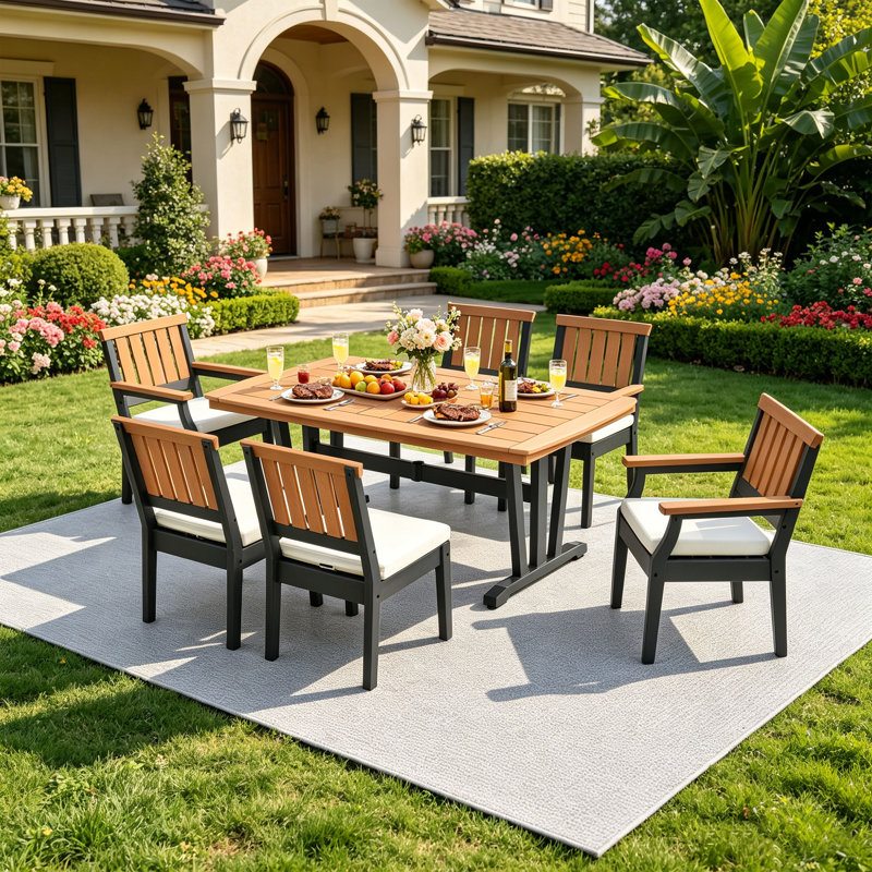 Eastlake Premium HDPE 7-Piece Outdoor Dining Set, Heavy Duty Patio Furniture with Sun-Resistant Cushions, Low Maintenance All Weather Design