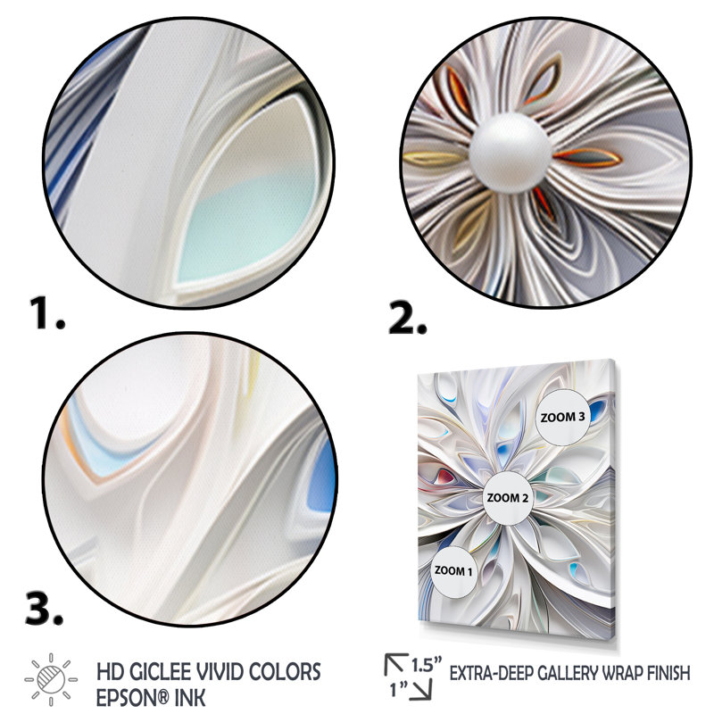 «White Cosmic Flowers - Fractals», reproduction d'art sur toile, H 20 po x l 12 po x P 1 po, Cadre doré simple