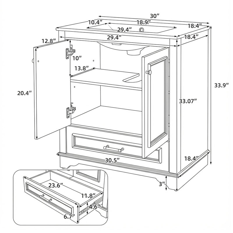 Meuble-lavabo 30 po avec lavabo en céramique, Blanc