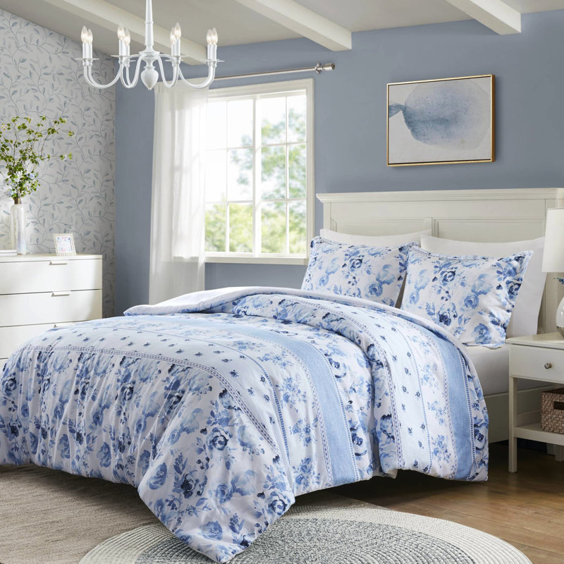 Housse de couette pour lit double / grand à rayures florales, microfibre, teinte bleue avec 2 taies décoratives, bleu, style boutonné
