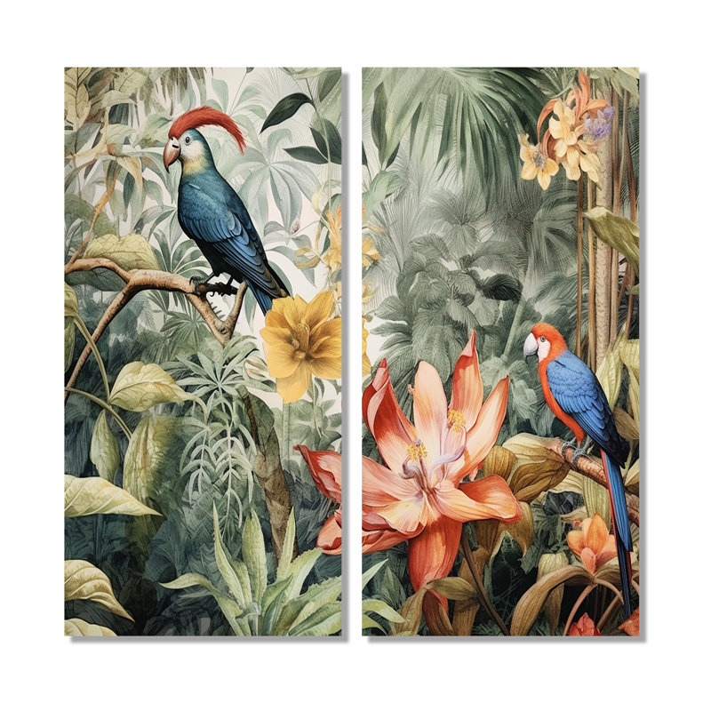 Perroquet au paradis II - Impressions d'art moderne sur toile, H 32 po x l 32 po, Toile tendue, Ne s’applique pas