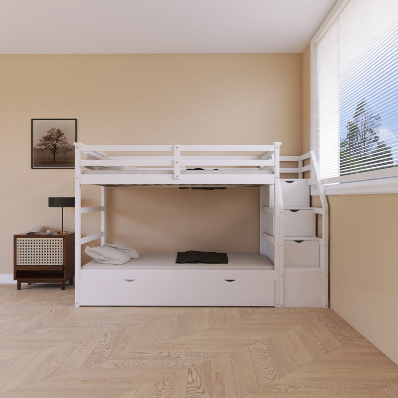 Lit simple au-dessus de simple avec escalier de rangement en bois, Blanc
