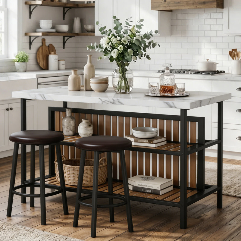 Grondin 47.24" Iron Kitchen Island Set, White