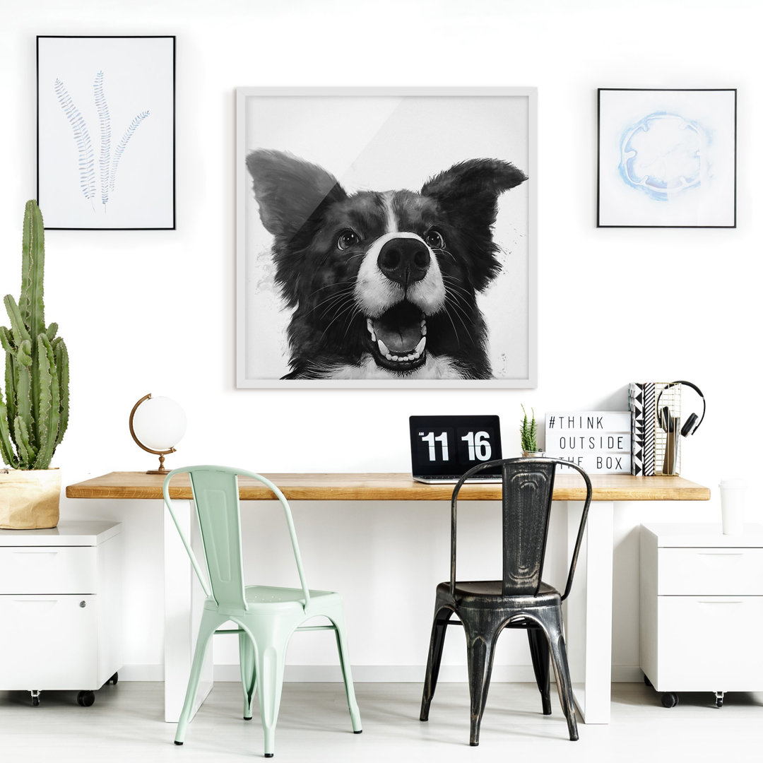 Gerahmter Fotodruck Illustration Dog Border Collie Black White