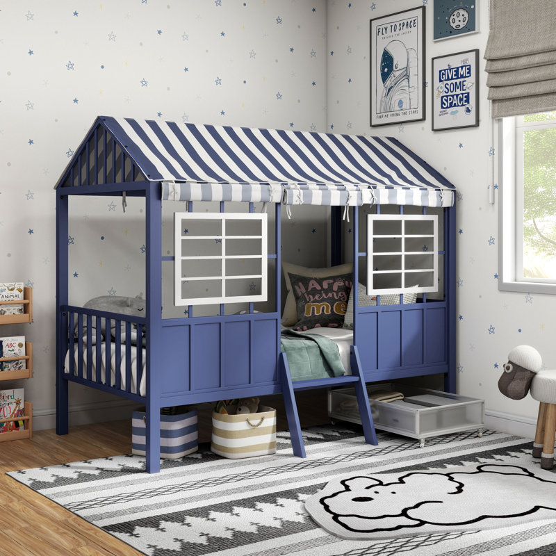Forest Metal Twin Loft Bed with Playhouse Canopy, White/Blue