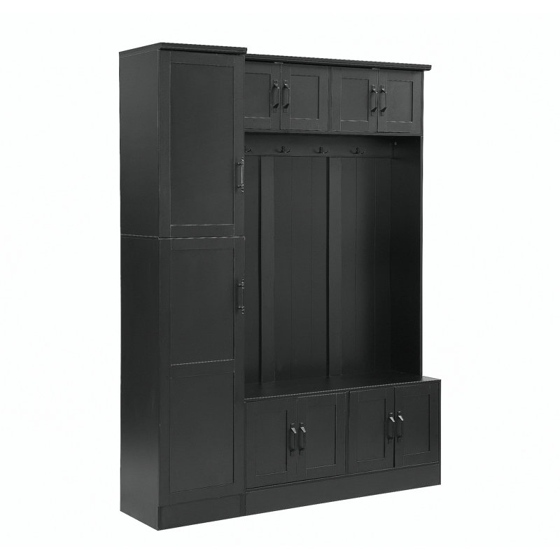79'' Tall Modern Hall Tree with Shoe Storage, 4-in-1 Entryway Bench with 6 Cabinets, 4 Coat Hooks & Adjustable Shelf for Hallway, living room, Black