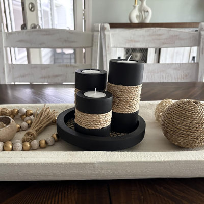Ensemble de 3 bougeoirs en bois noir pour bougies chauffe-plat avec plateau et corde naturelle, décoration de table de style campagnard