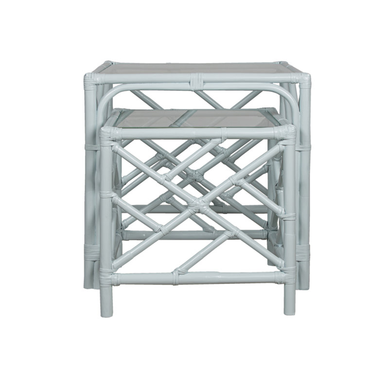 Chippendale Glass Nesting End Table, Light Blue