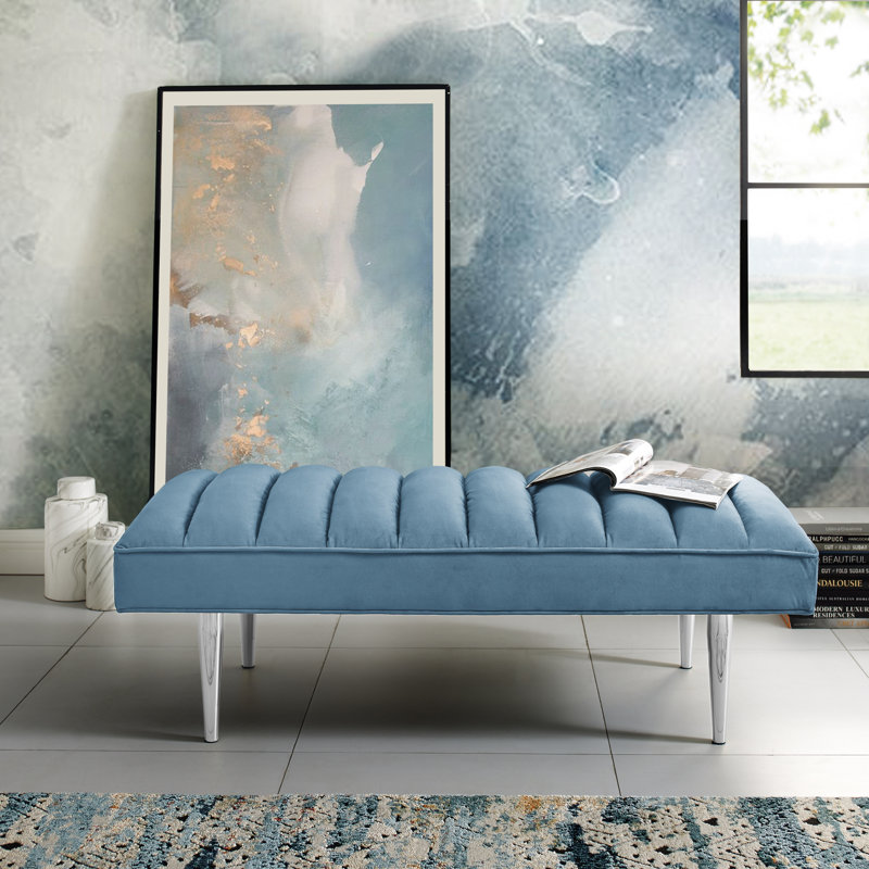 Ulya Velvet Upholstered Bench, Blue, Silver
