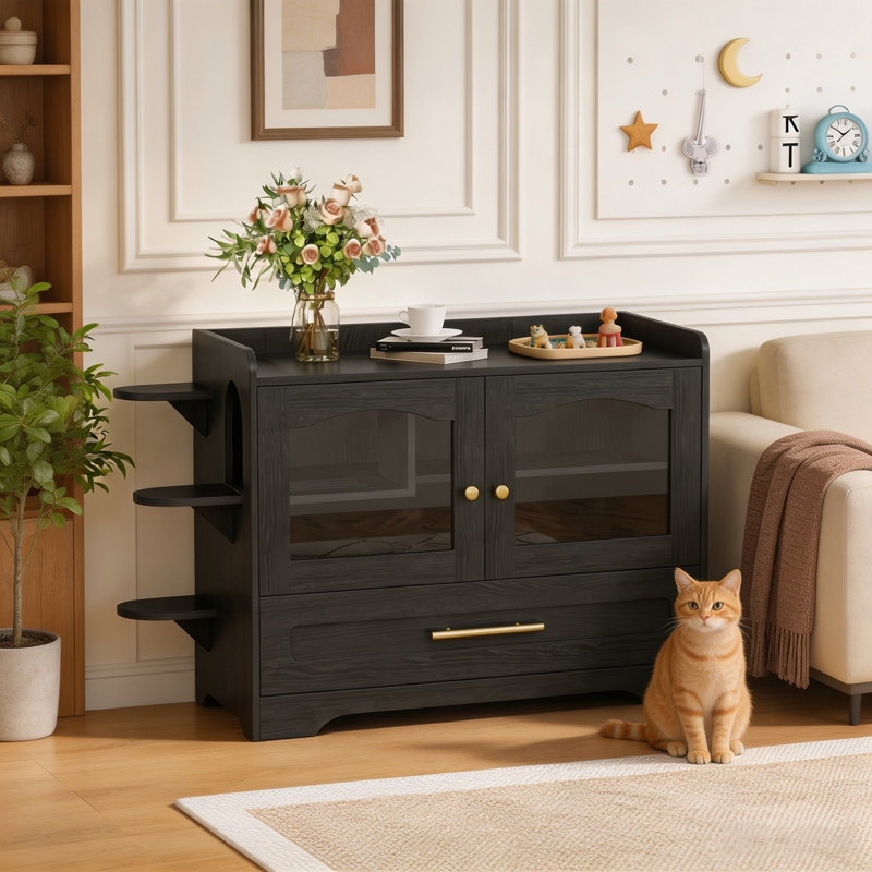 Cat Litter Box Cabinet, Dog Proof Enclosure with Acrylic Door, Runway & Drawer