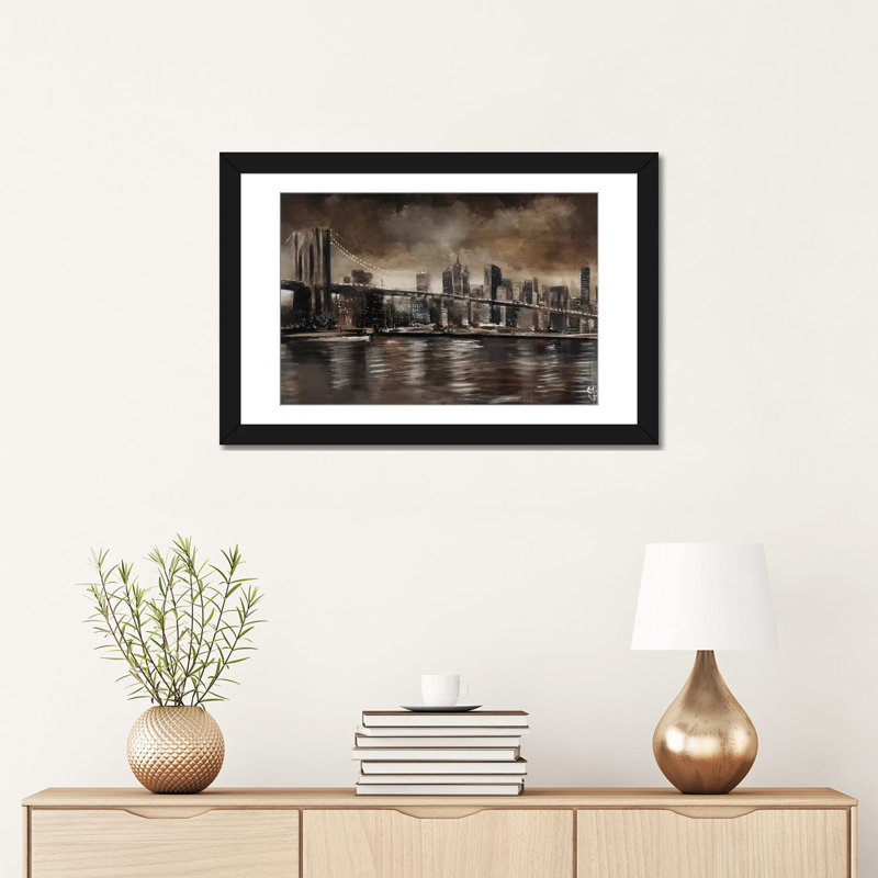 NY NY Brooklyn Bridge, impression sur toile, H 16 po x l 24 po x P 1 po, Papier d'art encadré noir, Blanc