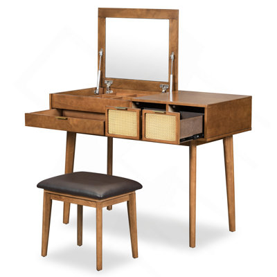 Ensemble coiffeuse 43,3 "en bois avec miroir rabattable et tabouret, coiffeuse avec trois tiroirs et espace de rangement
