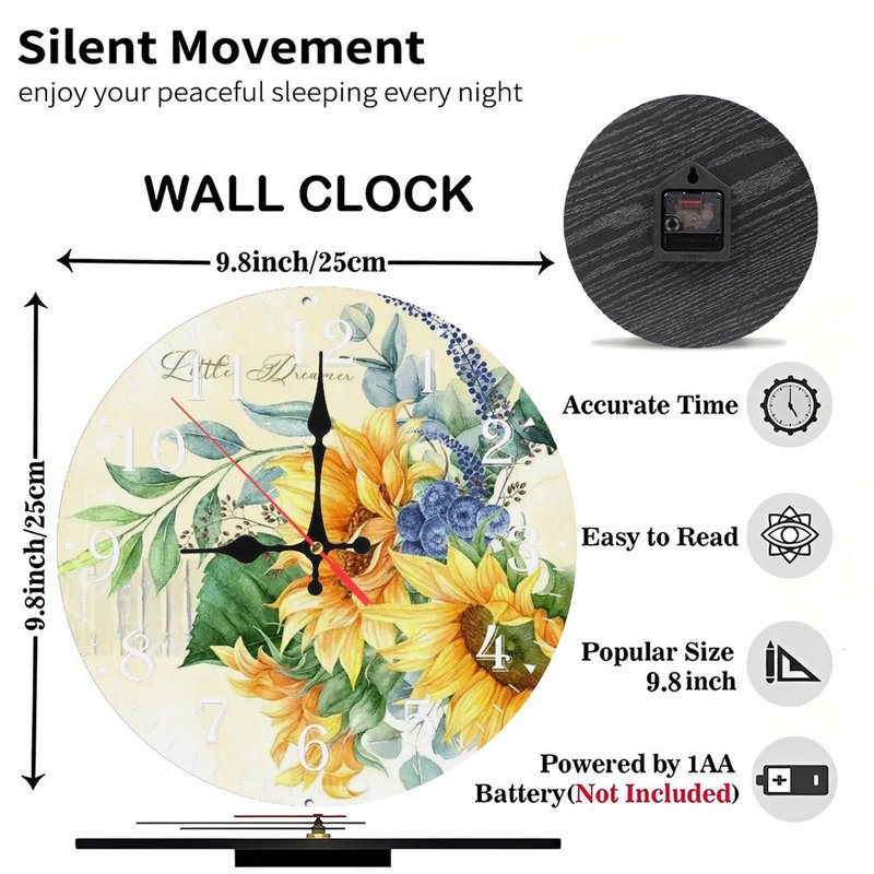 Horloge murale en bois 10 po, mouvement silencieux, à piles (piles AA non incluses), décor artistique, parfait pour les décorations