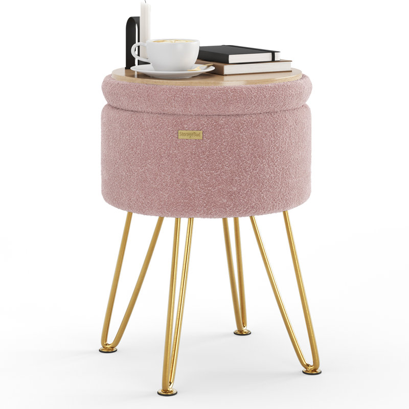 Modern Round Storage Ottoman Side Table, Gold, Pink boucle 