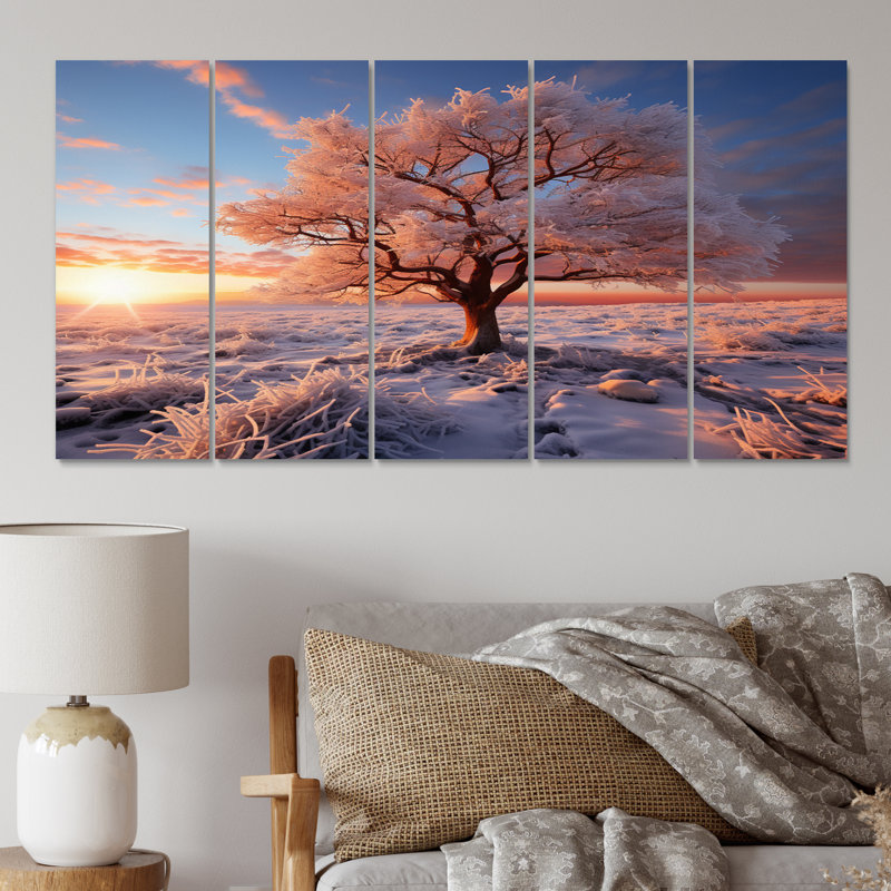 «Pink Tree Winters Sunrise Glow», impression d'art mural de paysages - 5 panneaux égaux