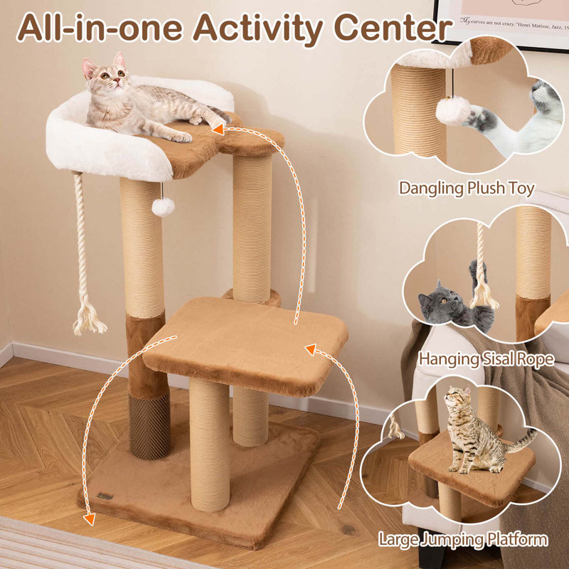 44" Caramel and White Sisal Cat Tree with Faux Fur Perch
