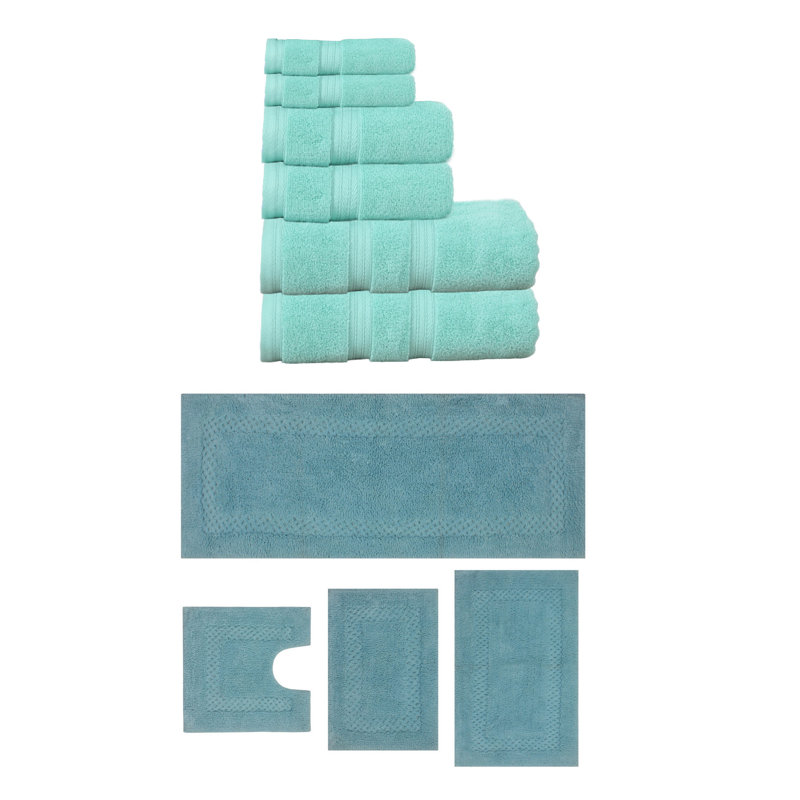 Ensemble de serviettes de bain 3 pièces et tapis de bain 4 pièces Classy, ensemble de 7, ivoire, Turquoise