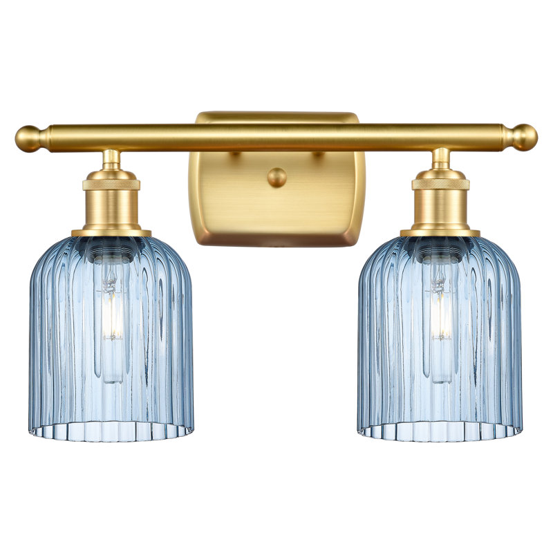 Brysin 15" W 2-Light Dimmable Metal Vanity Light with Glass Shades, Satin Gold, Princess Blue