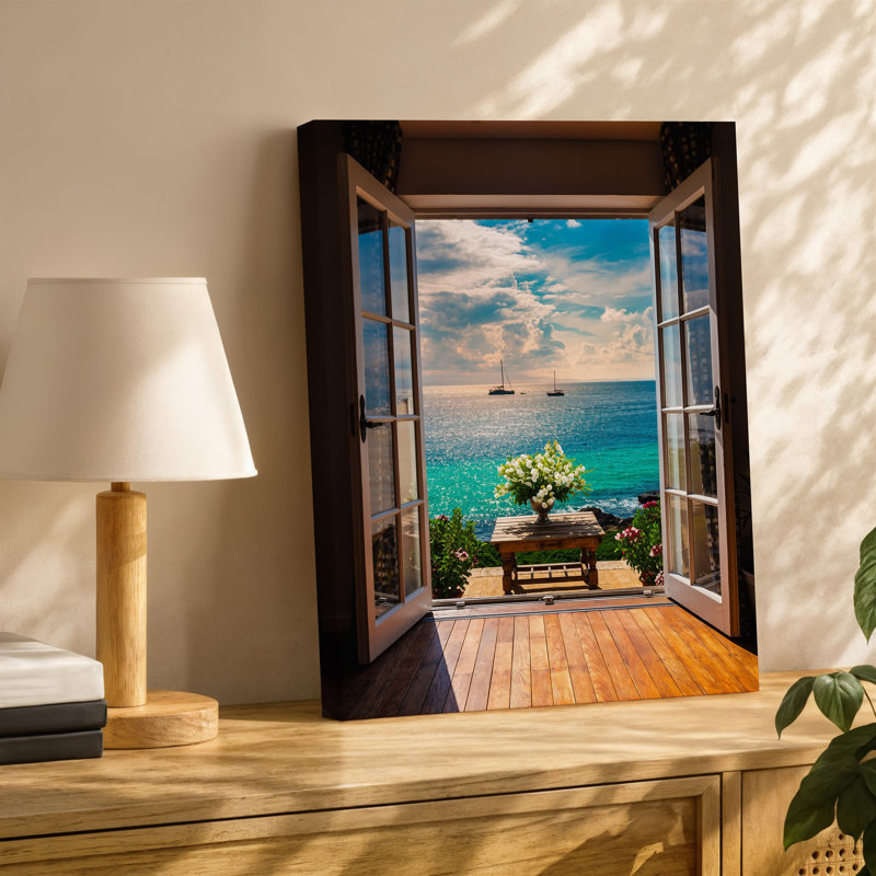 Reproduction d'art sur toile, "Scène côtière lumineuse et invitante" vue à travers un mur ouvert français, H 12 po x l 9 po
