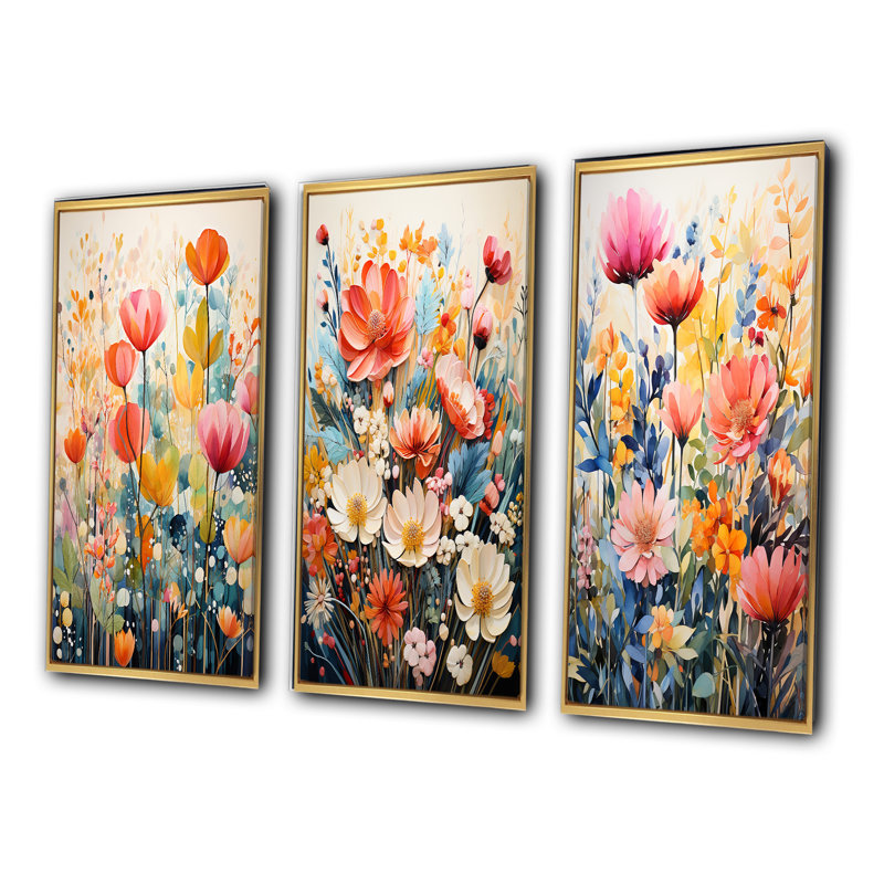 «Multicolored Flowers Collage III», 3 pièces sur toile, Cadre flottant doré, H 40 po x l 60 po