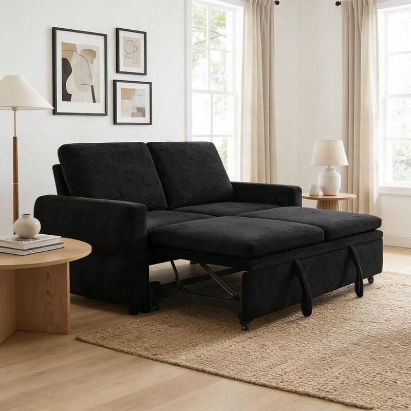 Canapé-lit convertible avec canapé-lit de 62,75 po avec dossier réglable et ports USB pour le salon, noir, Noir