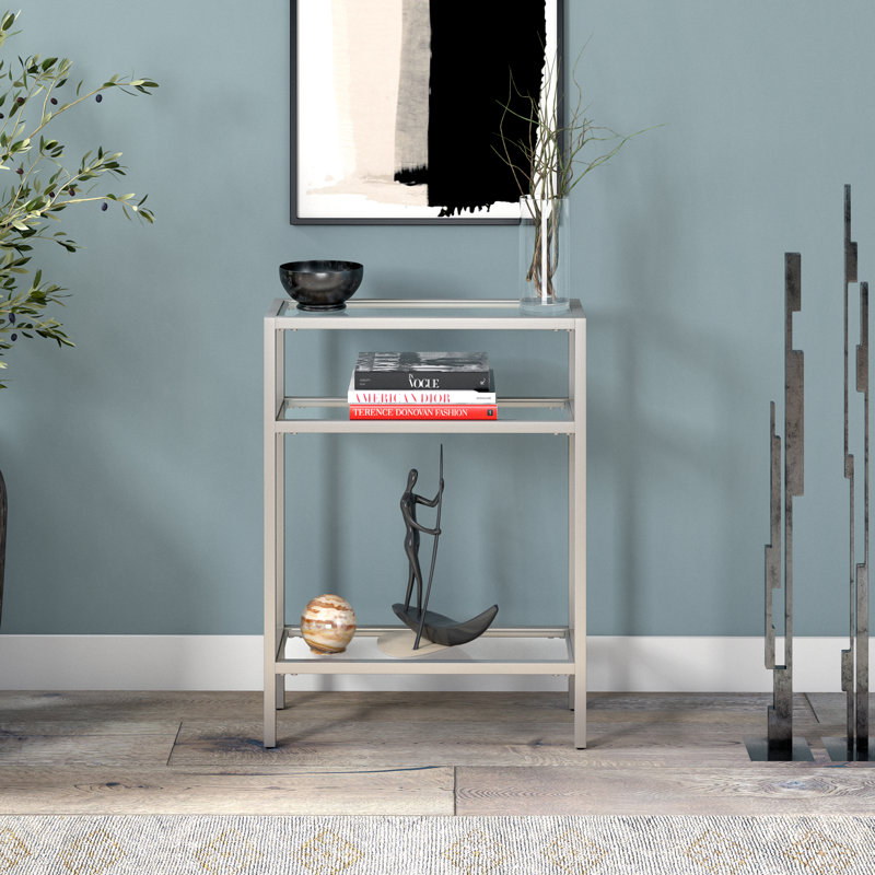 Ceno Glass Top Console Table, Satin Nickel, 29.5" H x 22" W x 8" D