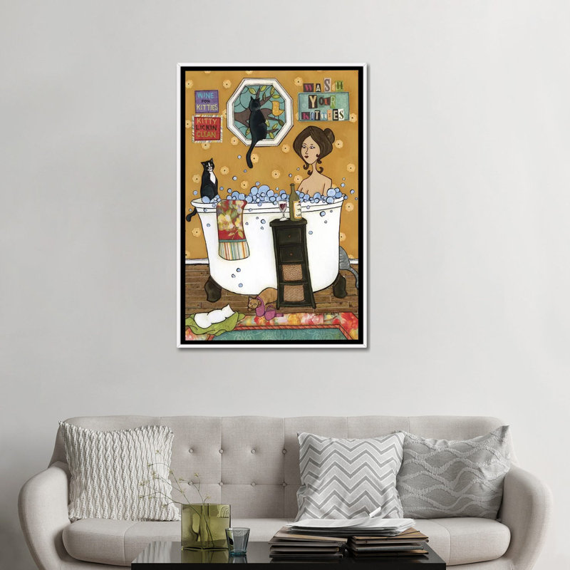 « Wash your kitties » par Jamie Morath-impression, H 48 po x l 32 po x P 1,5 po, Pas de tapis, Toile blanche encadrée