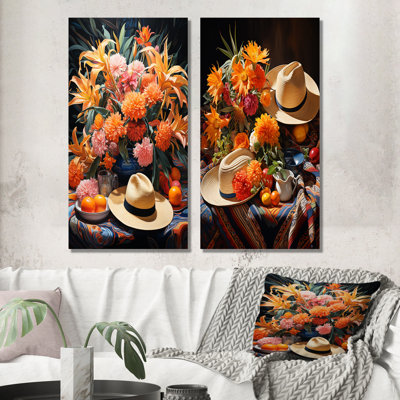 Mexican Sombrero Floral Shades I - Mexican Canvas Wall Art Set Of 2