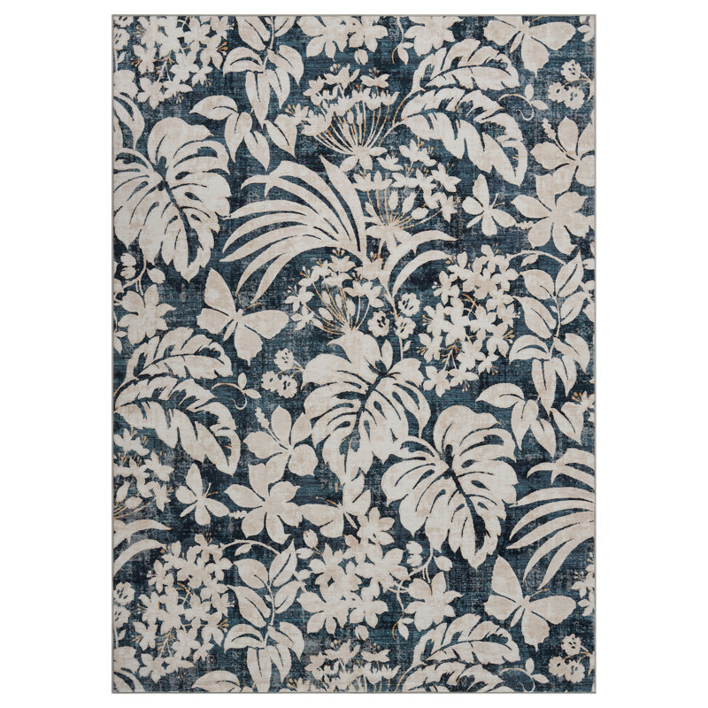 Soft Washable Botanical Leaf Print Area Rug – Non-Slip, Mark-Resistant, Collapsible Faux Woolen Accent Mat – For Living Room, Bedroom, Kitchen – Blue Tint, 10x13ft
