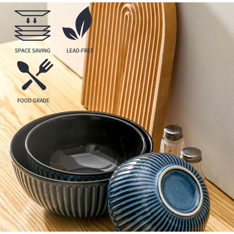 Set of 3 Large Ceramic Nesting Mixing Bowls, Navy