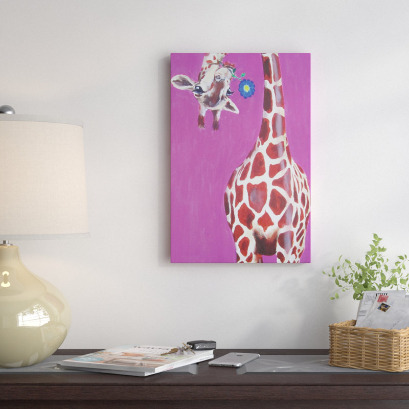 «Giraffe with Blue Flower», peinture sur toile tendue, H 26 po x l 18 po x P 1,5 po, Toile tendue, Pas de tapis