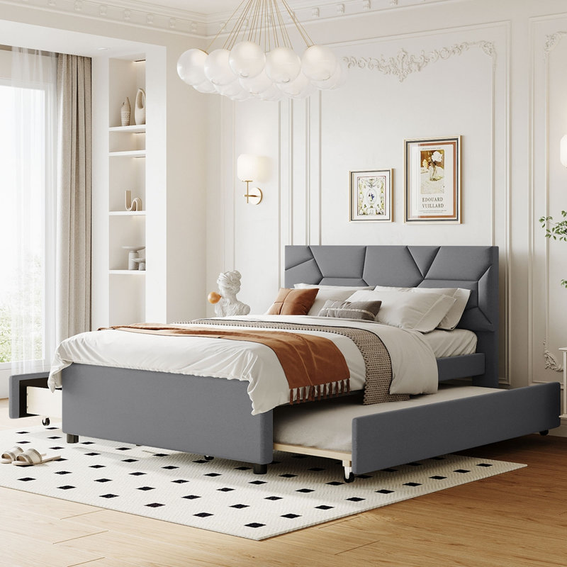Lit plateforme tapissier avec lit gigogne et 2 tiroirs, Gris, Double