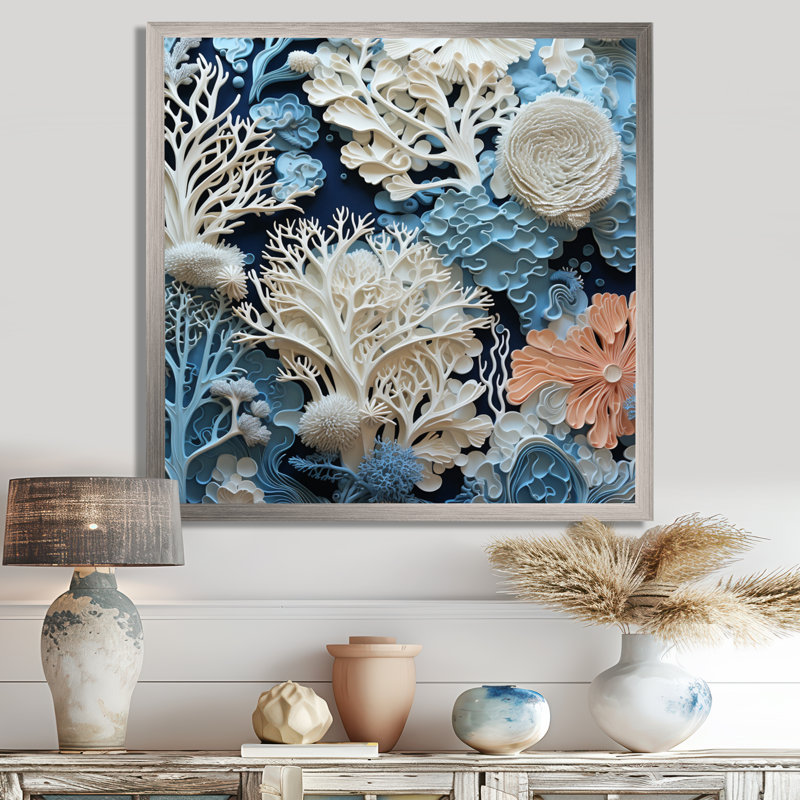 Under Water Blue and White Corals Collage I - Coastal, reproduction sur toile encadrée, H 30 po x l 30 po x P 1 po