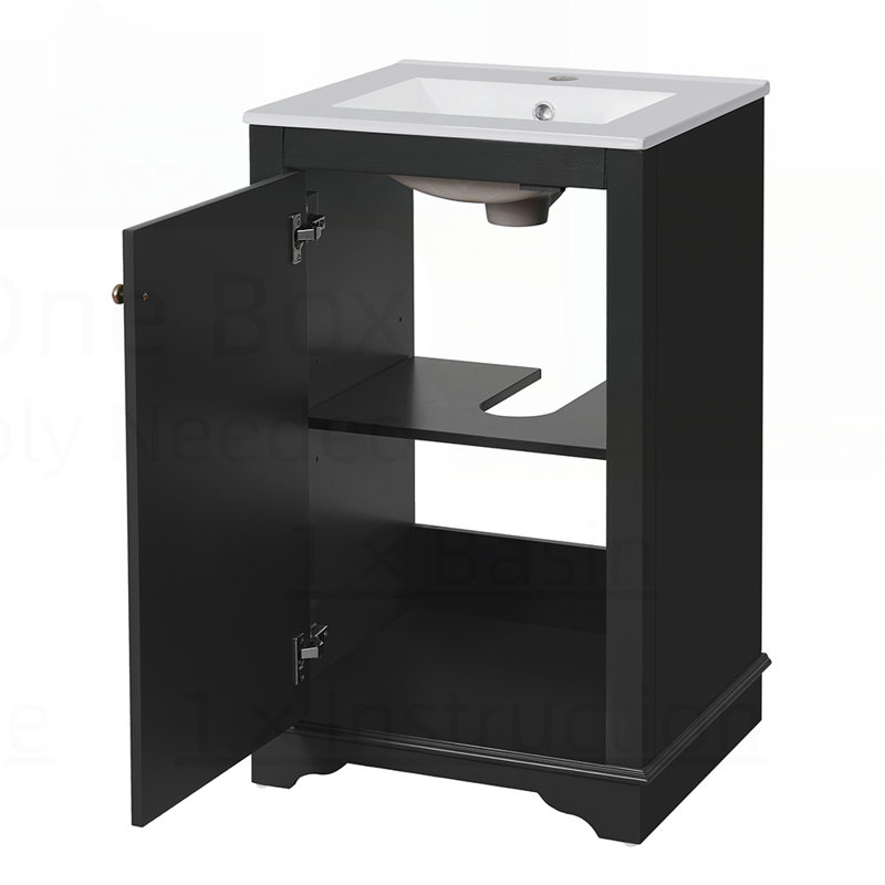 Meuble-lavabo autoportant moderne avec lavabo en céramique, porte à fermeture douce et tablette réglable pour les petits espaces