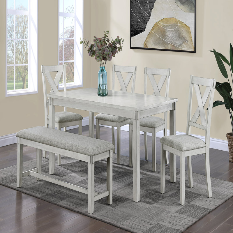 Rustic Farmhouse Transitional 6pc Dining Set Rectangular Table Linen Look Fabric Upholstered Chair Bench Seat Wooden Dining Room Furniture White/Gray Drift Wood Finish