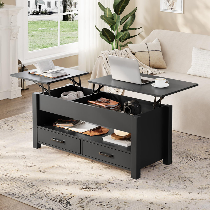 Table basse à plateau relevable avec compartiment caché et tiroirs