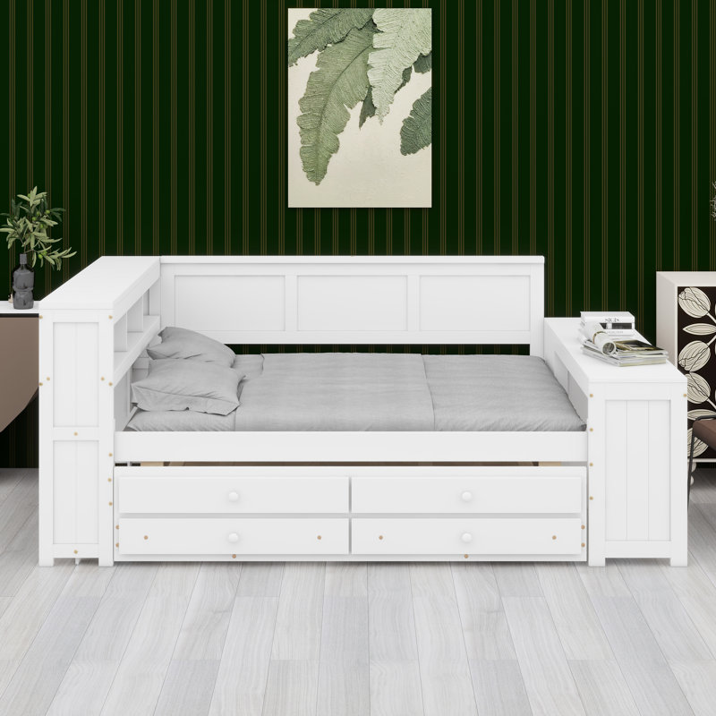Daybed With Storage Shelves,Drawers,Trundle, White