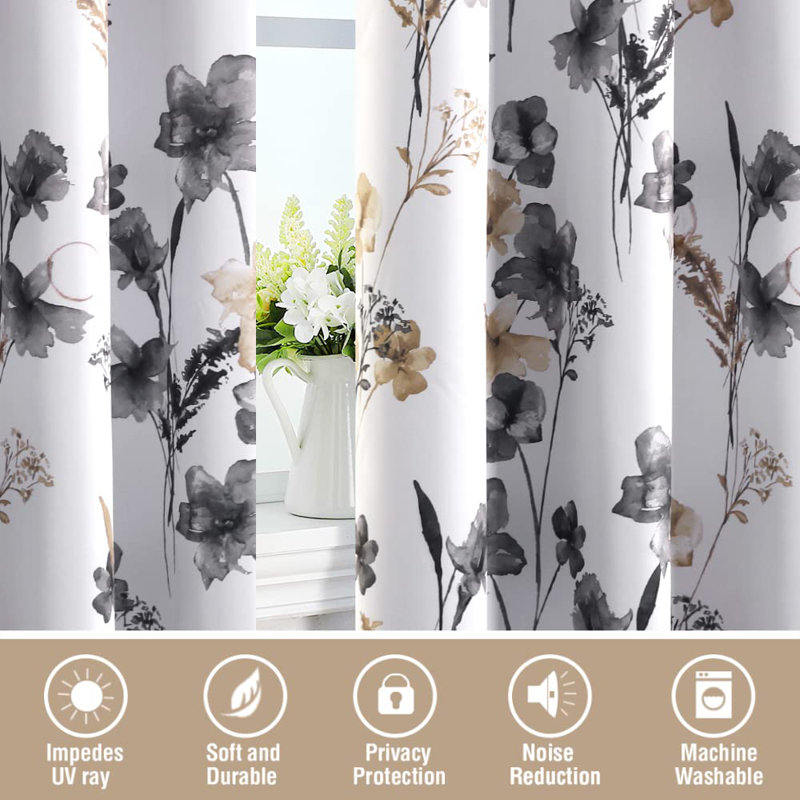 Rideaux 100% occultant de 84 po de longueur et 2 panneaux de rideaux thermiques à motif floral Leah, gris et taupe