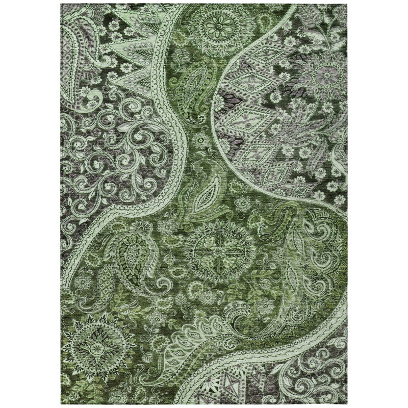 3' X 5' Olive Green Charcoal And Gray Floral Medallion Washable Indoor Outdoor Area Rug